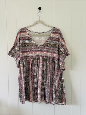 Haptics Pink Patterned V-Neck Peasant Blouse